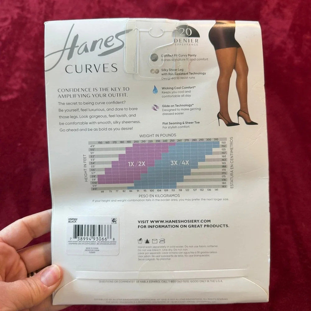 Hanes Curves Silky Sheer Control Top Pantyhose Black 1X/2X HSP002 20 Denier‎ NIP
